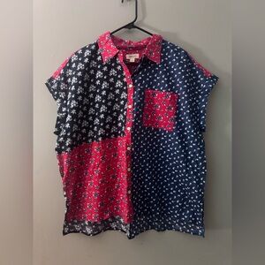 Style & Co. Women's Button Down Shirt - Red and Blue Floral